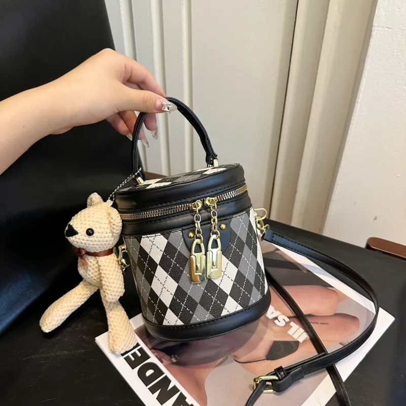 HCXK PU Bucket Bag, Portable Crossbody Bag, Shoulder Bag Unisex Black/Ecru/Khaki/Pink-9