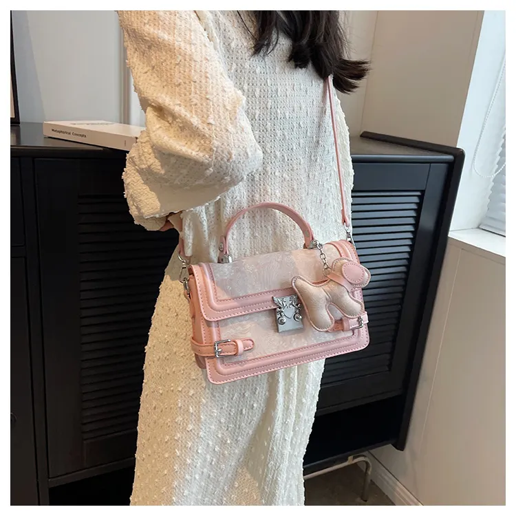 HCXK PU Elegant Chain Versatile Small Square Bag Crossbody Bag Shoulder Bag Regular Women's Pink/Gray-6
