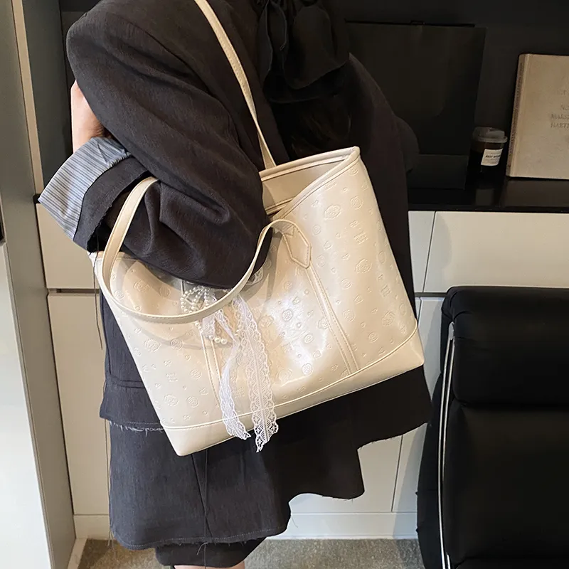 HCXK PU Tote Bag Shopping Bag Shoulder Bags Women's White/Black/Pink-3