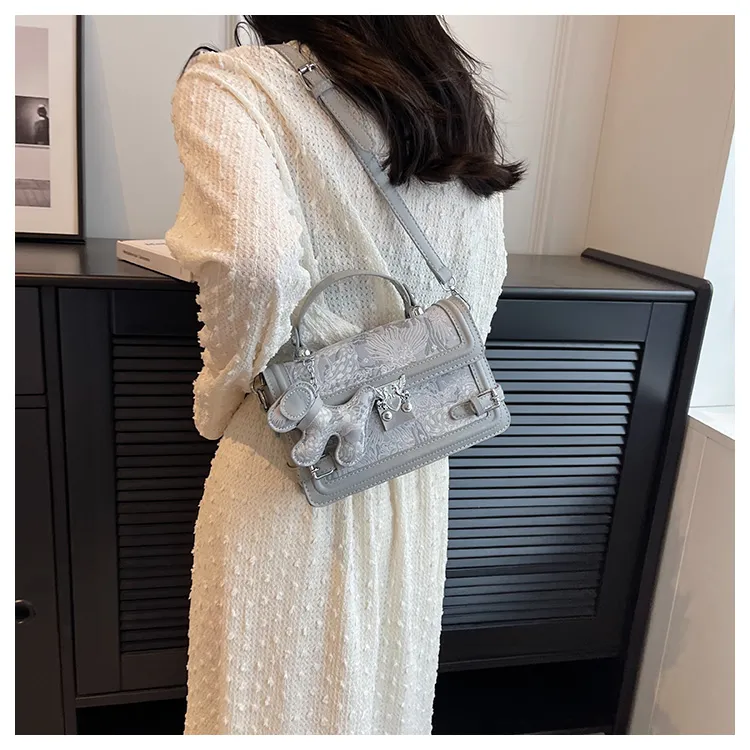 HCXK PU Elegant Chain Versatile Small Square Bag Crossbody Bag Shoulder Bag Regular Women's Pink/Gray-1