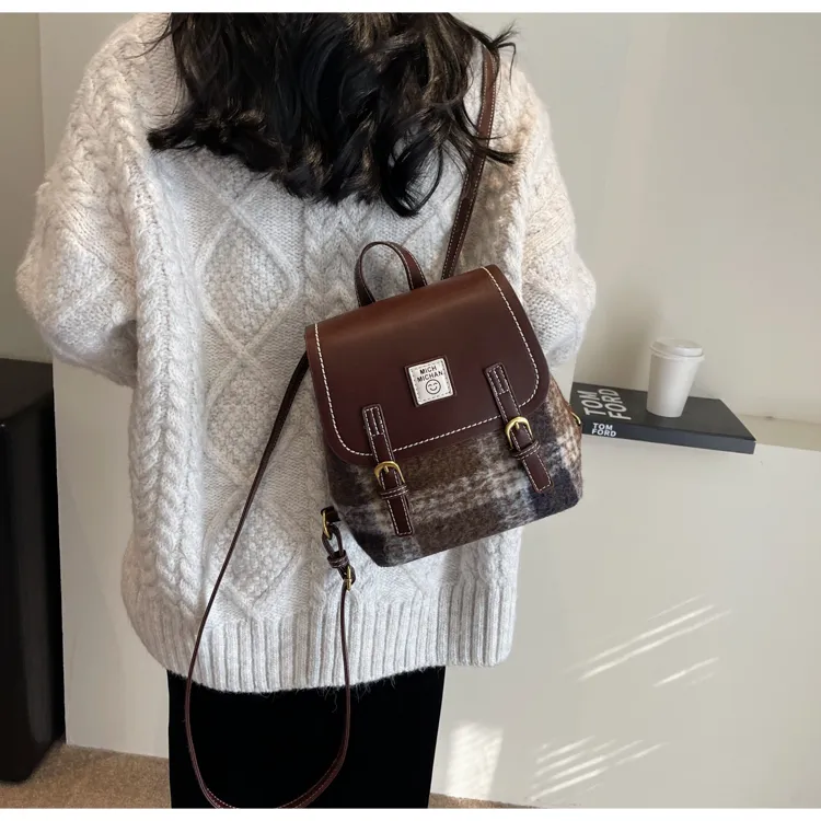 HCXK Woolen Backpack Regular Women's Red Plaid/Brown Plaid/Green Plaid-7