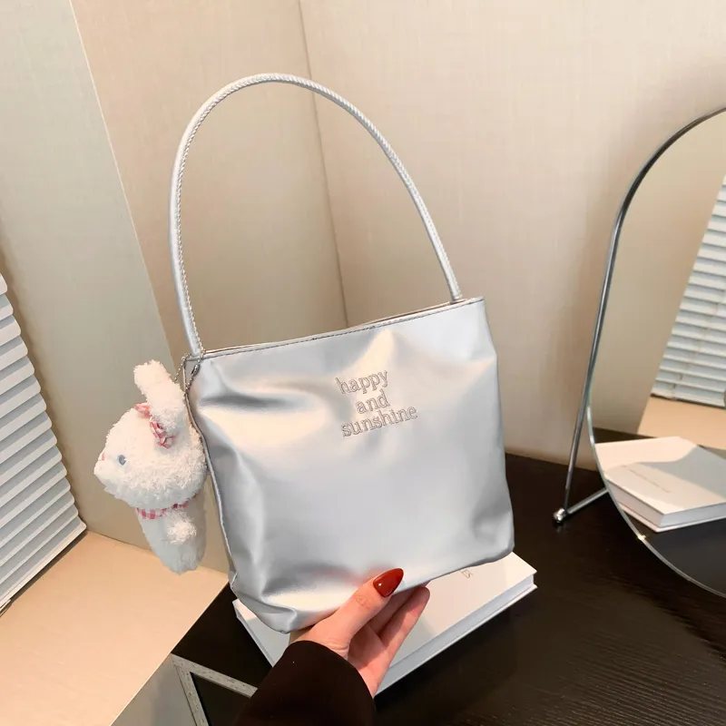 HCXK PU Versatile Shoulder Bag With Butterfly Embroidery Bucket Bag Shoulder Bag Regular Women's Silver-6