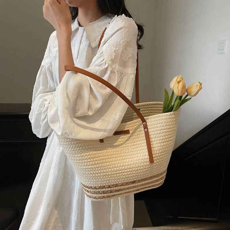HCXK Straw Woven Tote Bag, Shopping Bag, Shoulder Bag Women's Ecru/Khaki-4