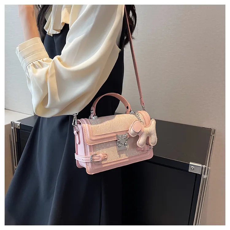 HCXK PU Elegant Chain Versatile Small Square Bag Crossbody Bag Shoulder Bag Regular Women's Pink/Gray-9