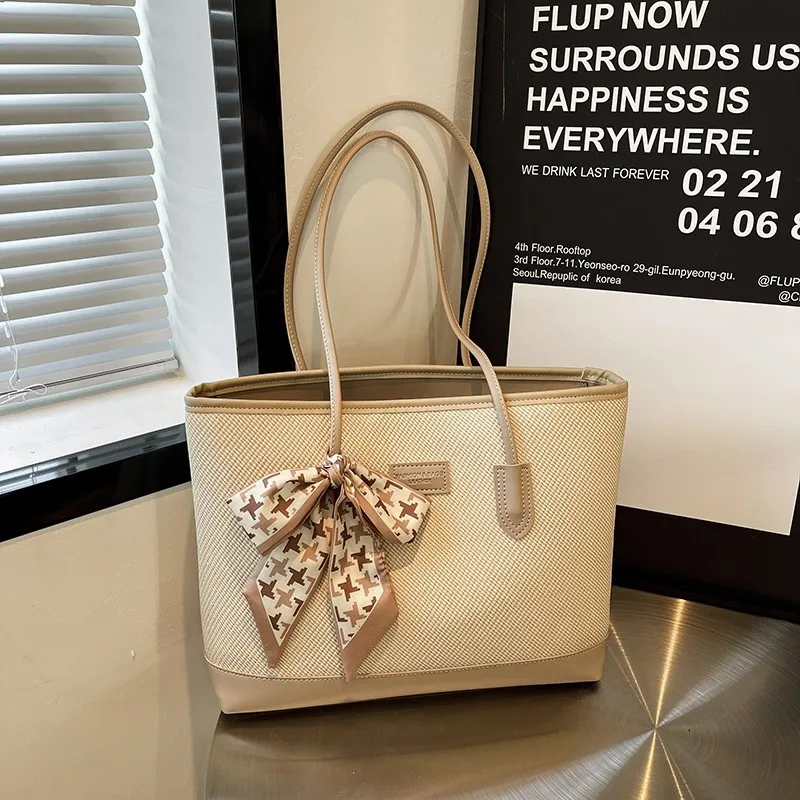 HCXK PU Color Block Shoulder Bag Schooling Tote Handbag Regular Women's Ecru/Black/Apricot/Pink/Brown-1