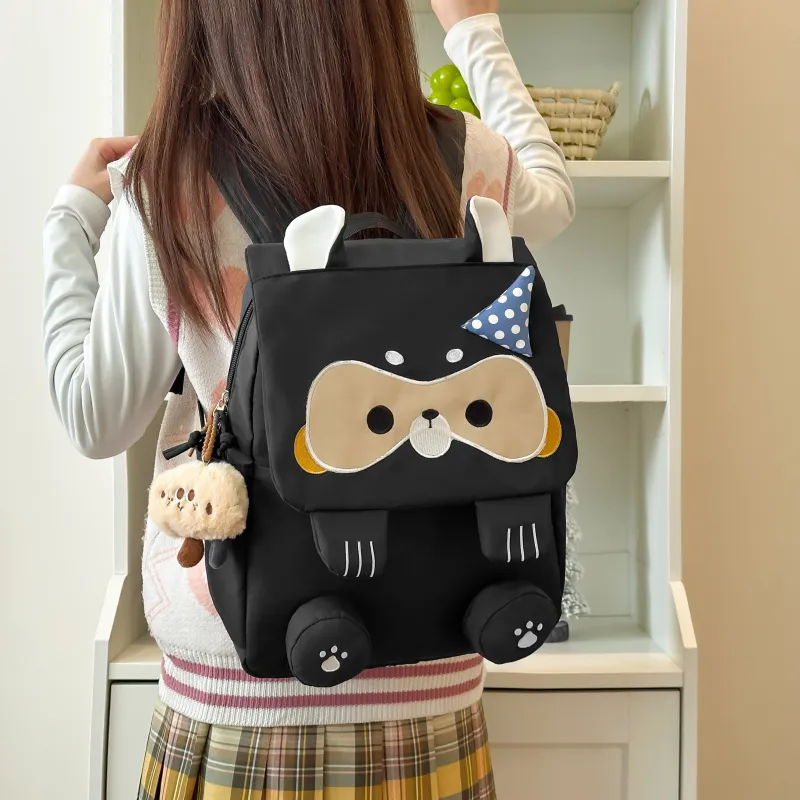 HCXK Nylon Cute Raccoon Backpack Unisex Black/Gray/Khaki-9