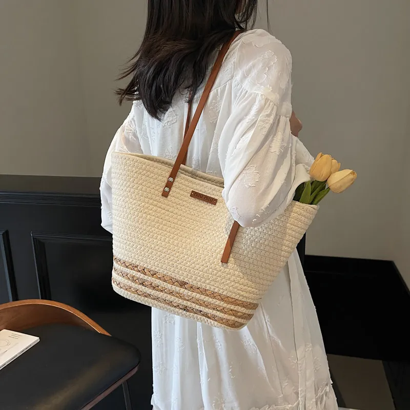 HCXK Straw Woven Tote Bag, Shopping Bag, Shoulder Bag Women's Ecru/Khaki-1
