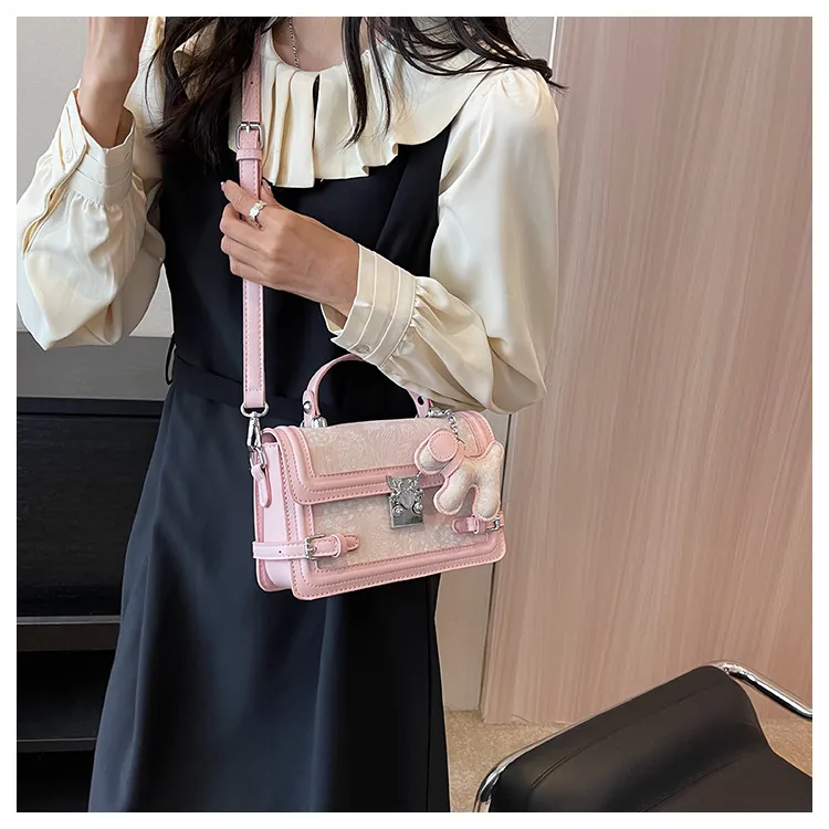 HCXK PU Elegant Chain Versatile Small Square Bag Crossbody Bag Shoulder Bag Regular Women's Pink/Gray-7