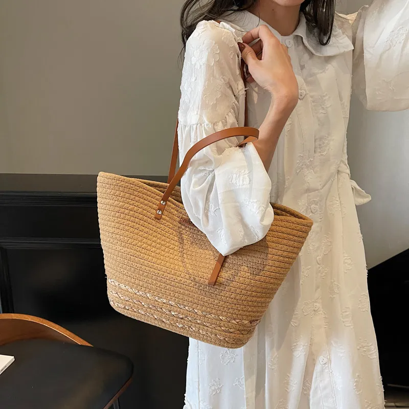 HCXK Straw Woven Tote Bag, Shopping Bag, Shoulder Bag Women's Ecru/Khaki-9