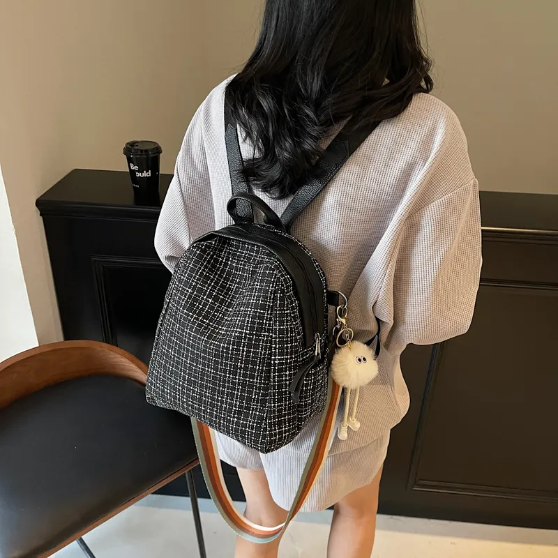 HCXK Fabric Students' Backpack For School, Cute Commute Small Backpack Regular Women's Ecru/Black-8