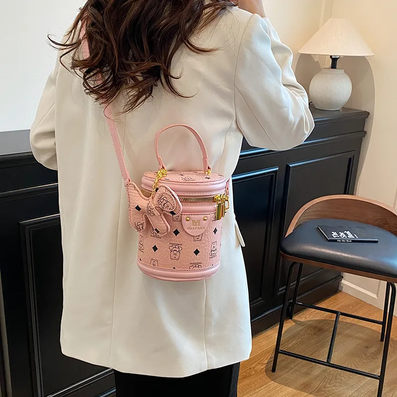HCXK PU Bucket Bag, One Shoulder Handbag Women's Black/Pink/Yellow Brown/White & Black-11