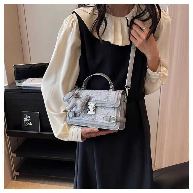 HCXK PU Elegant Chain Versatile Small Square Bag Crossbody Bag Shoulder Bag Regular Women's Pink/Gray-3