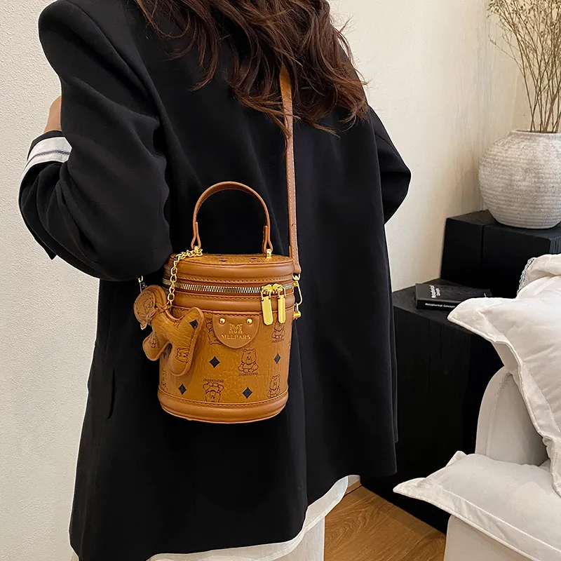 HCXK PU Bucket Bag, One Shoulder Handbag Women's Black/Pink/Yellow Brown/White & Black-15