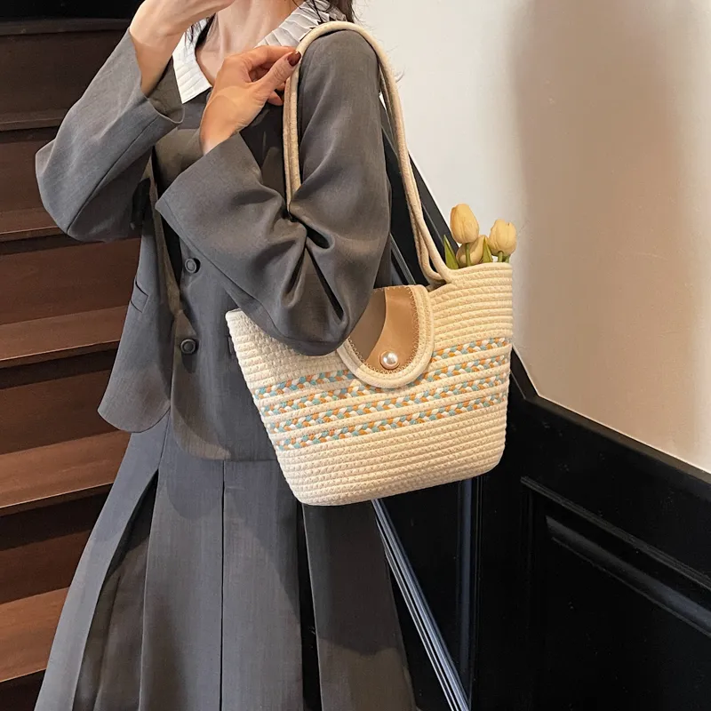 HCXK Braided Shoulder Bag Regular Women's Khaki/Black/White-14
