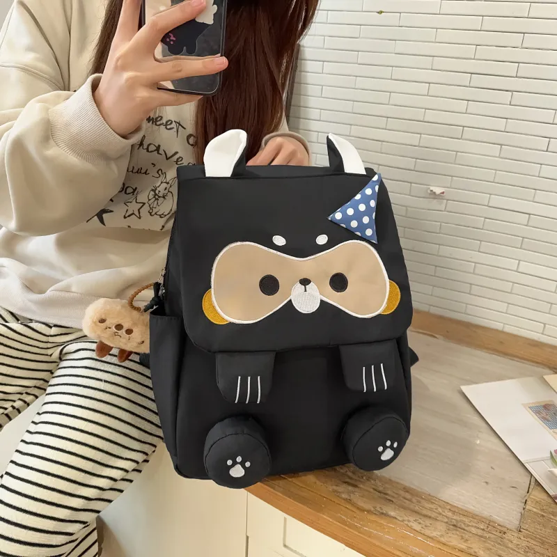 HCXK Nylon Cute Raccoon Backpack Unisex Black/Gray/Khaki-10