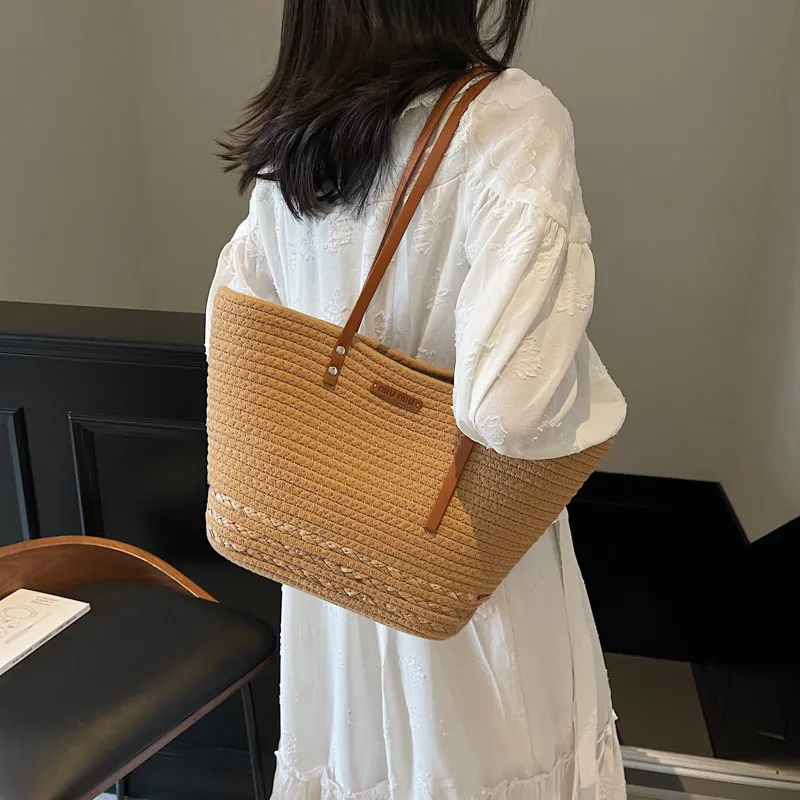 HCXK Straw Woven Tote Bag, Shopping Bag, Shoulder Bag Women's Ecru/Khaki-8
