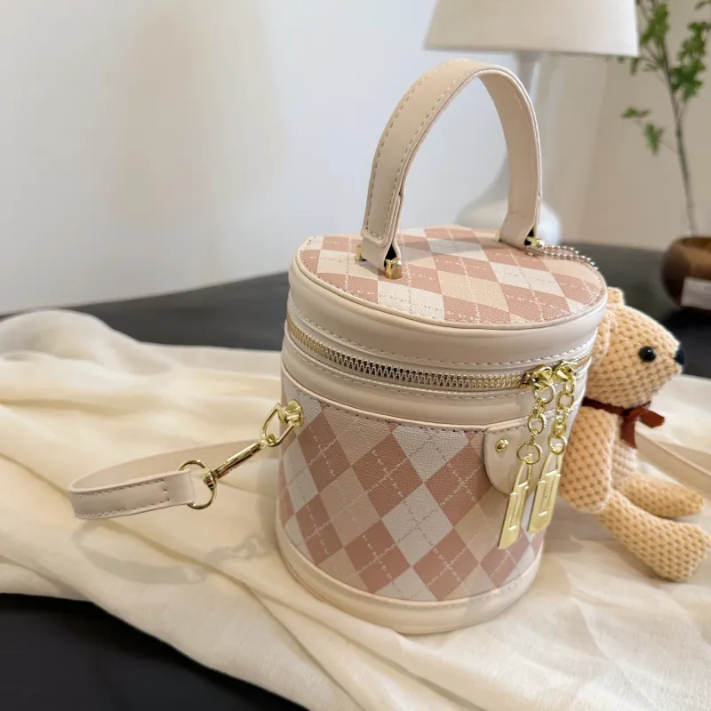 HCXK PU Bucket Bag, Portable Crossbody Bag, Shoulder Bag Unisex Black/Ecru/Khaki/Pink-5