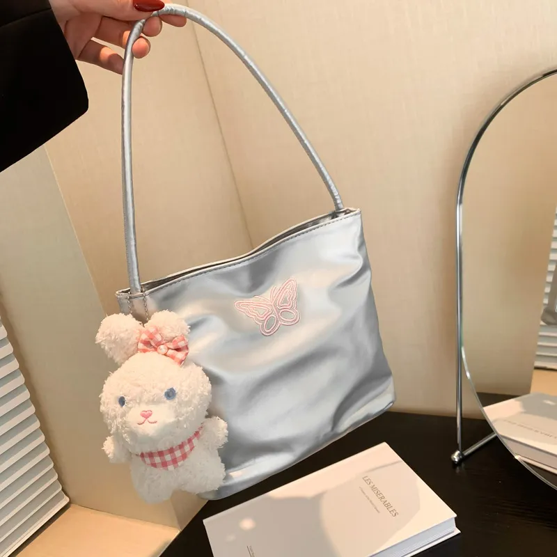HCXK PU Versatile Shoulder Bag With Butterfly Embroidery Bucket Bag Shoulder Bag Regular Women's Silver-7