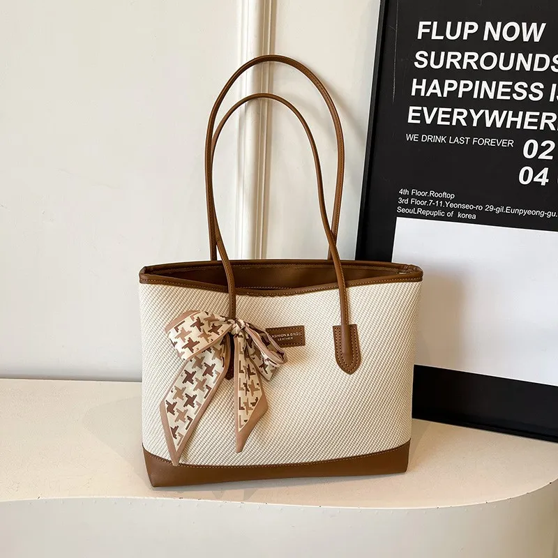 HCXK PU Color Block Shoulder Bag Schooling Tote Handbag Regular Women's Ecru/Black/Apricot/Pink/Brown-5