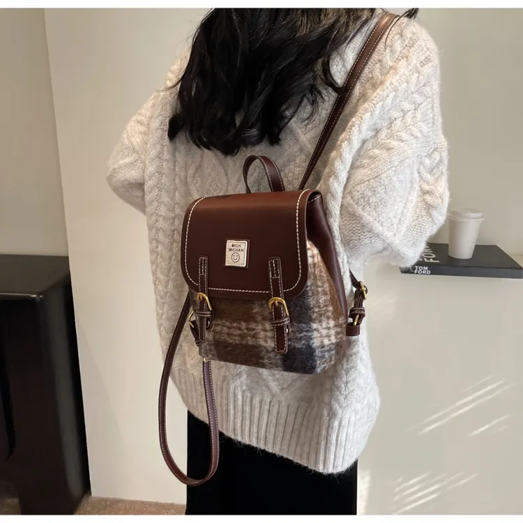 HCXK Woolen Backpack Regular Women's Red Plaid/Brown Plaid/Green Plaid-8