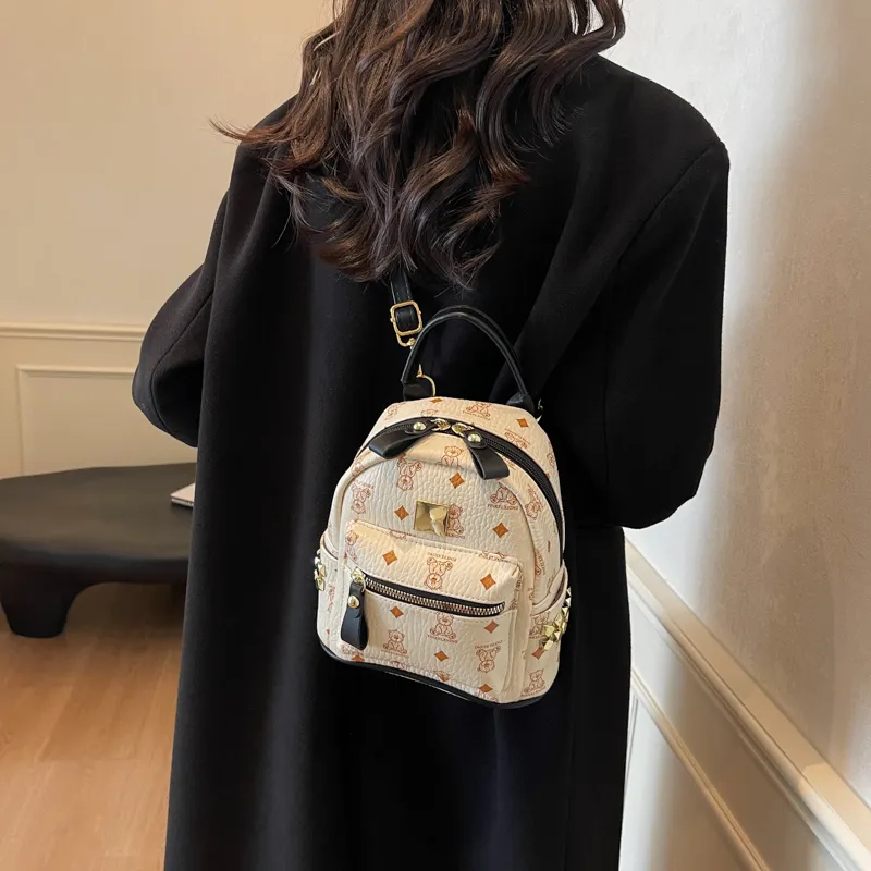 HCXK PU Backpack Women's Black/Ecru/Dark Brown/Pink-7