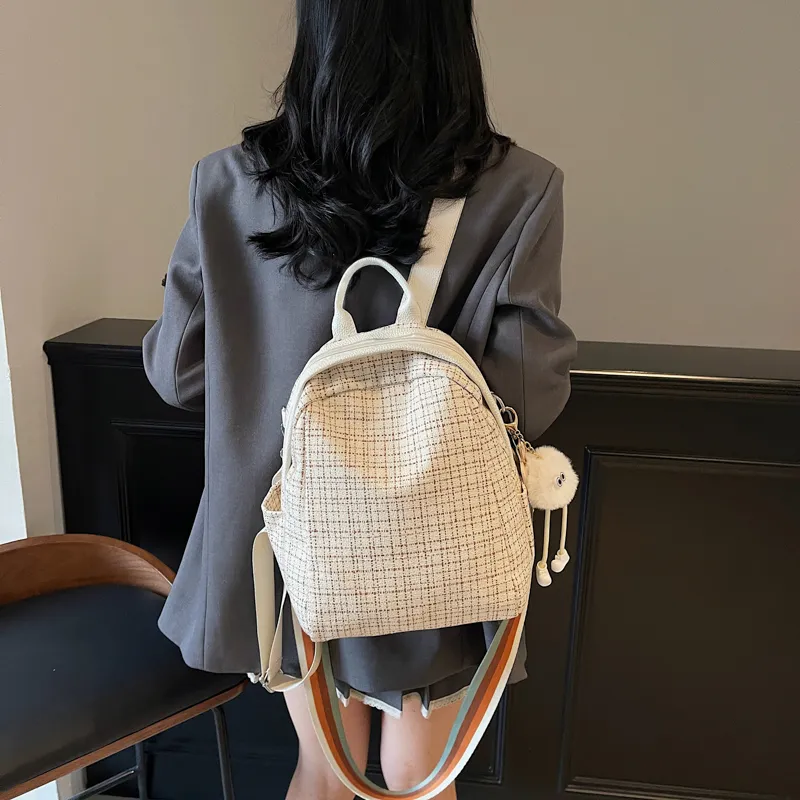 HCXK Fabric Students' Backpack For School, Cute Commute Small Backpack Regular Women's Ecru/Black-3