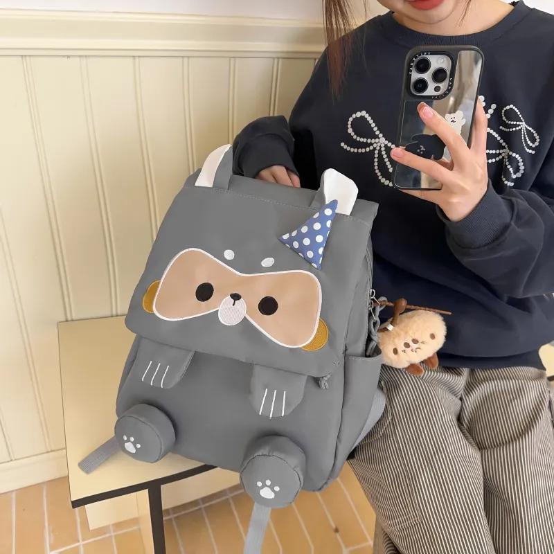 HCXK Nylon Cute Raccoon Backpack Unisex Black/Gray/Khaki-16