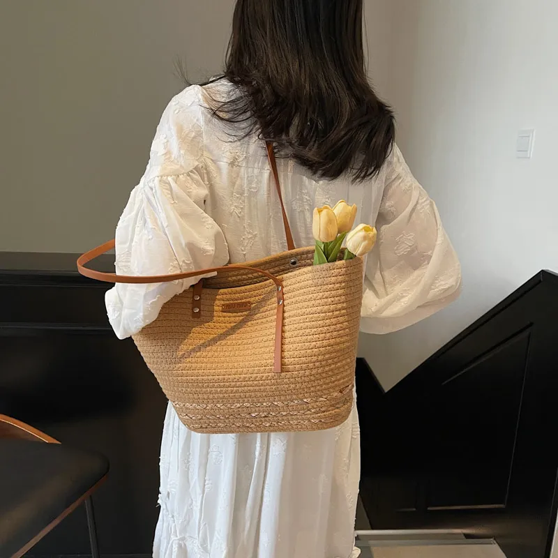 HCXK Straw Woven Tote Bag, Shopping Bag, Shoulder Bag Women's Ecru/Khaki-10