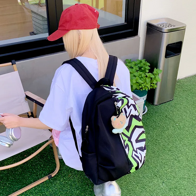 HCXK Nylon Fabric Backpack Regular Unisex Black White/Black Green-2