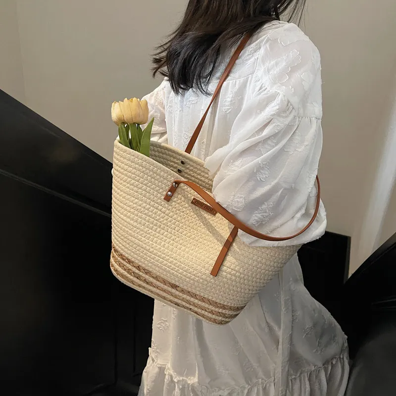 HCXK Straw Woven Tote Bag, Shopping Bag, Shoulder Bag Women's Ecru/Khaki-5