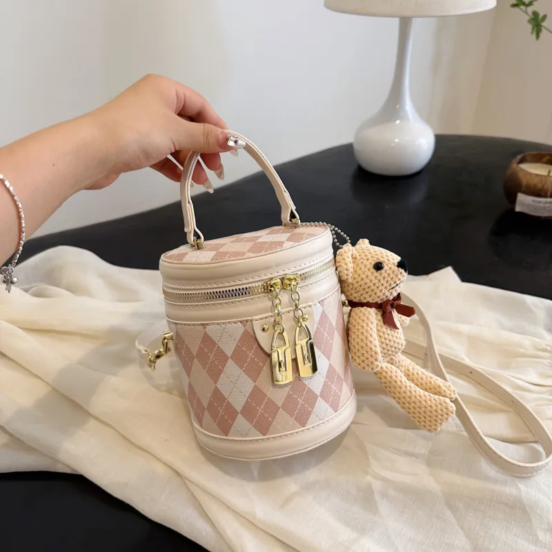 HCXK PU Bucket Bag, Portable Crossbody Bag, Shoulder Bag Unisex Black/Ecru/Khaki/Pink-2