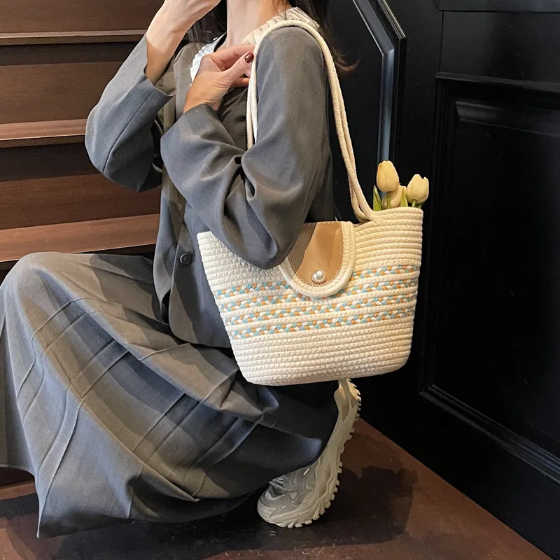 HCXK Braided Shoulder Bag Regular Women's Khaki/Black/White-13