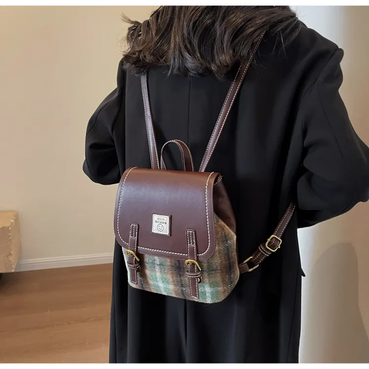 HCXK Woolen Backpack Regular Women's Red Plaid/Brown Plaid/Green Plaid-17