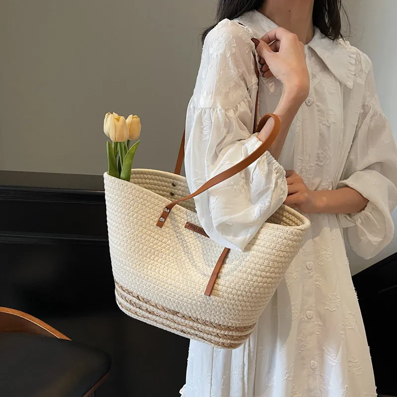 HCXK Straw Woven Tote Bag, Shopping Bag, Shoulder Bag Women's Ecru/Khaki-6