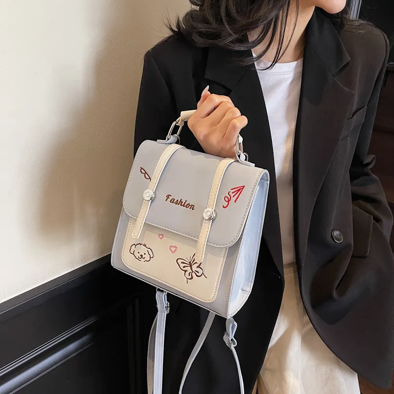 HCXK PU Backpack Women's White/Black/Light Blue/Pink-19