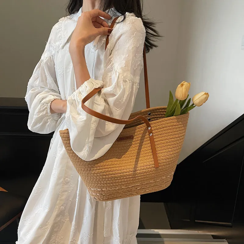 HCXK Straw Woven Tote Bag, Shopping Bag, Shoulder Bag Women's Ecru/Khaki-11