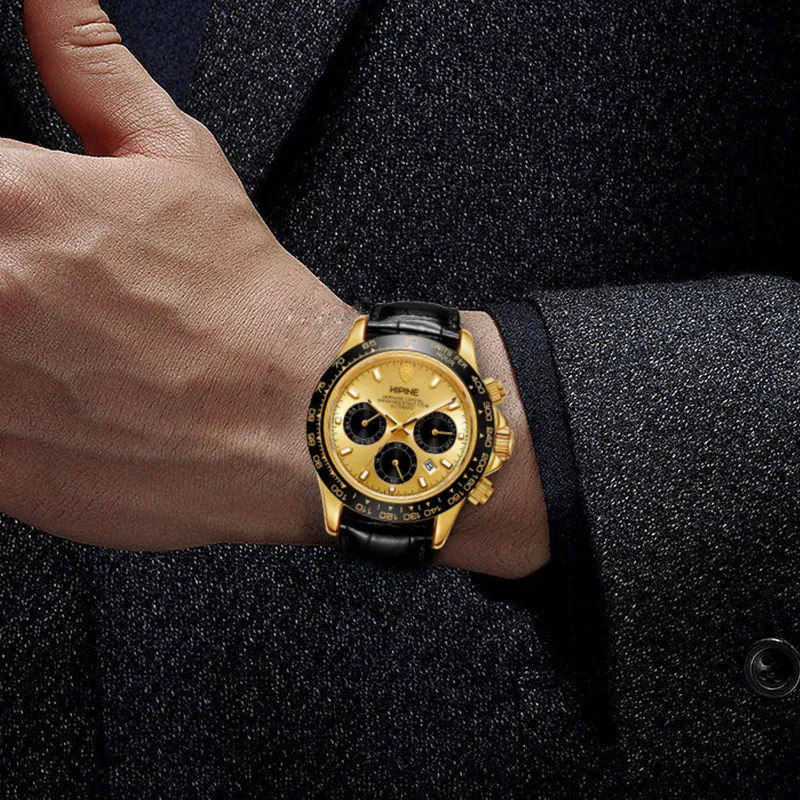 HIPINE Explore Home Series Transparent Caseback Cut Out Mechanical Movement Cowhide Strap Watch Men's Watches Gold Dial-2