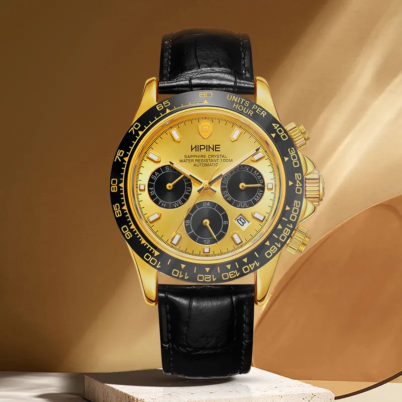 HIPINE Explore Home Series Transparent Caseback Cut Out Mechanical Movement Cowhide Strap Watch Men's Watches Gold Dial-5