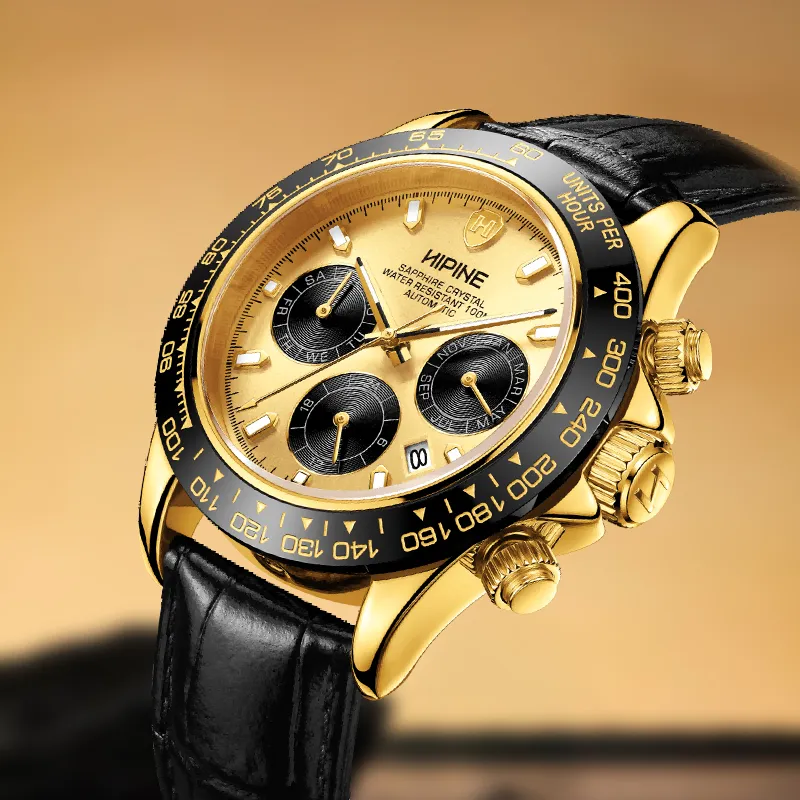 HIPINE Explore Home Series Transparent Caseback Cut Out Mechanical Movement Cowhide Strap Watch Men's Watches Gold Dial-6