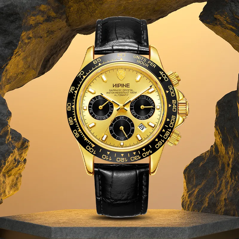 HIPINE Explore Home Series Transparent Caseback Cut Out Mechanical Movement Cowhide Strap Watch Men's Watches Gold Dial-4
