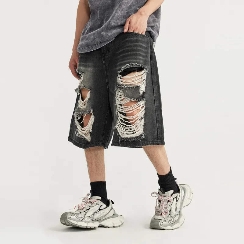 FAIRWHALE Denim Shorts Unisex Black Gray-4