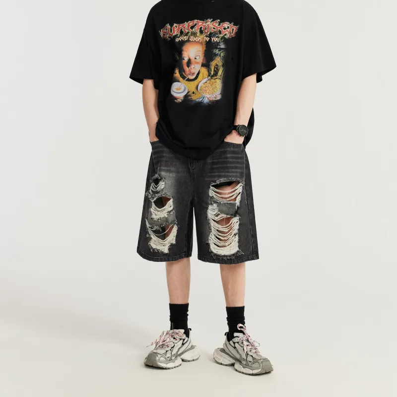 FAIRWHALE Denim Shorts Unisex Black Gray-9