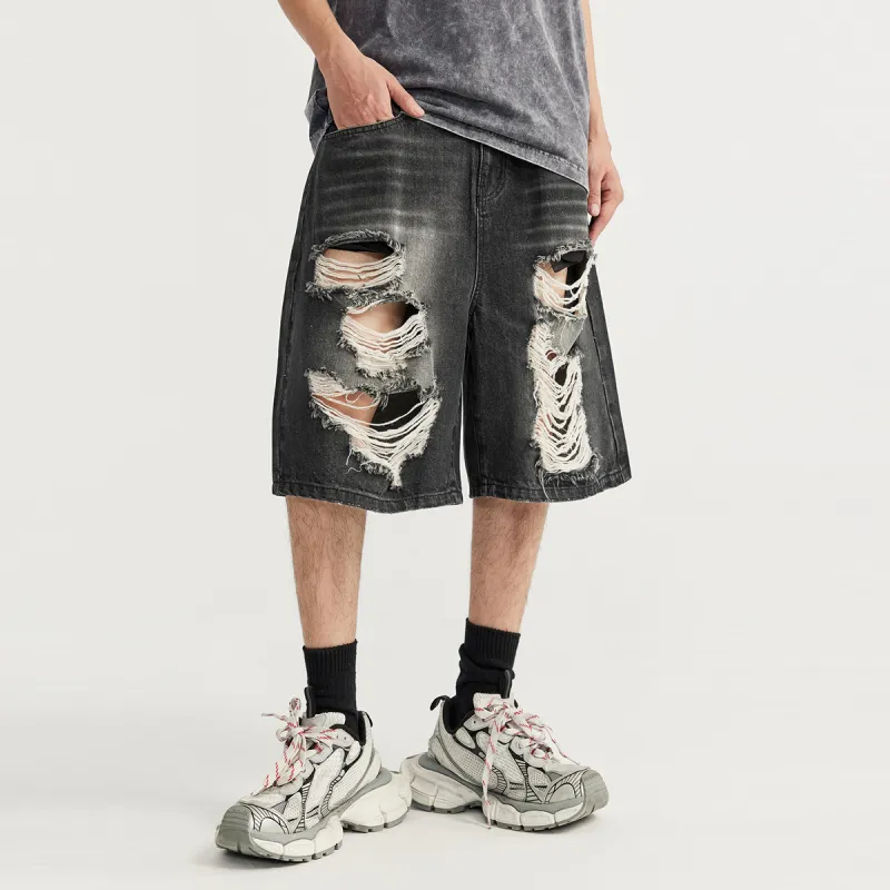 FAIRWHALE Denim Shorts Unisex Black Gray-5