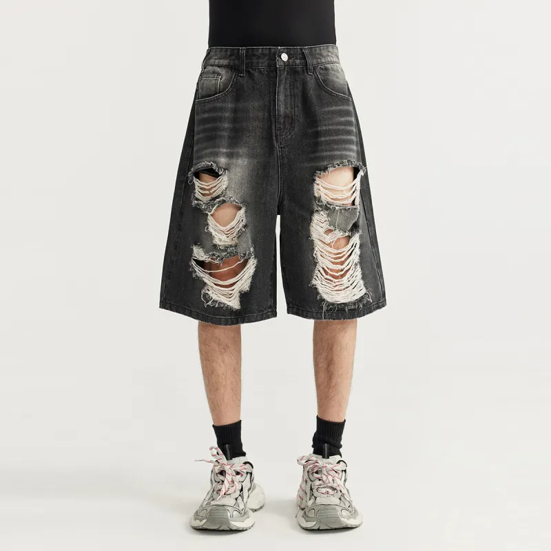 FAIRWHALE Denim Shorts Unisex Black Gray-6