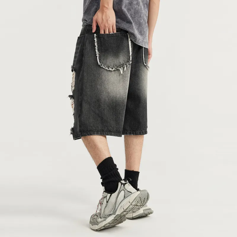 FAIRWHALE Denim Shorts Unisex Black Gray-3