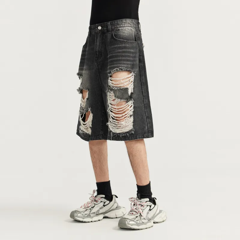 FAIRWHALE Denim Shorts Unisex Black Gray-7