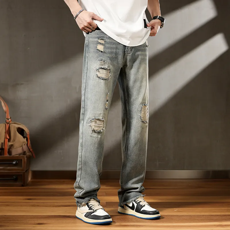 FAIRWHALE Jeans Unisex Ripped Denim Blue-4