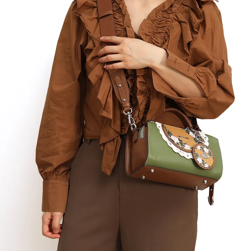 MISS GAIL Synthetic Leather Handbag Regular Women's Cross Grain Green/Cross Grain Purple-6