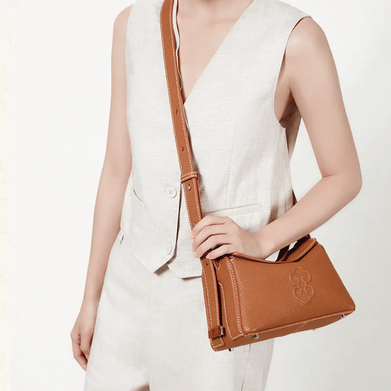 Look Grain Top Grain Cow Leather Crossbody Bag, One Shoulder Handbag Women's White/Brown/Black-4