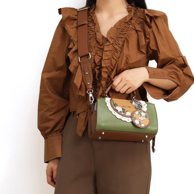 MISS GAIL Synthetic Leather Handbag Regular Women's Cross Grain Green/Cross Grain Purple-5